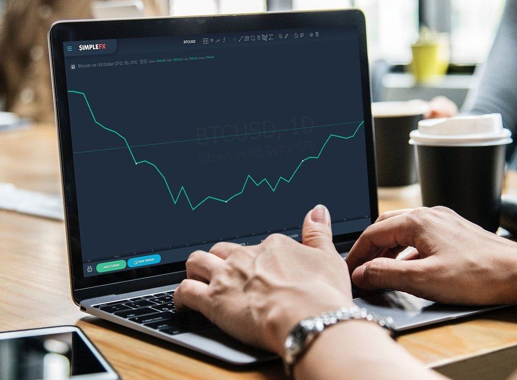 Hands typing on a laptop that shows a crypto price chart