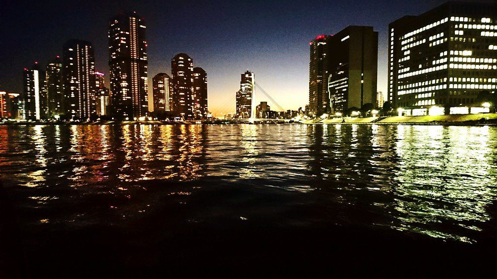 A city skyline of tall buildings lit up at night