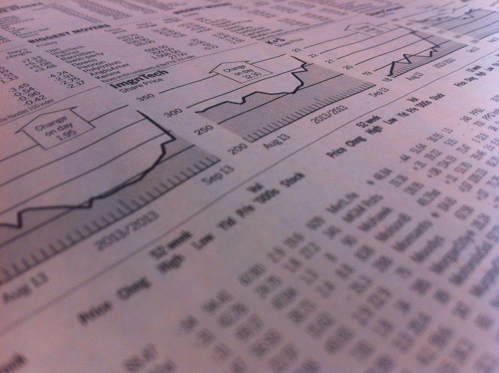 Close-up of printed stock market tables
